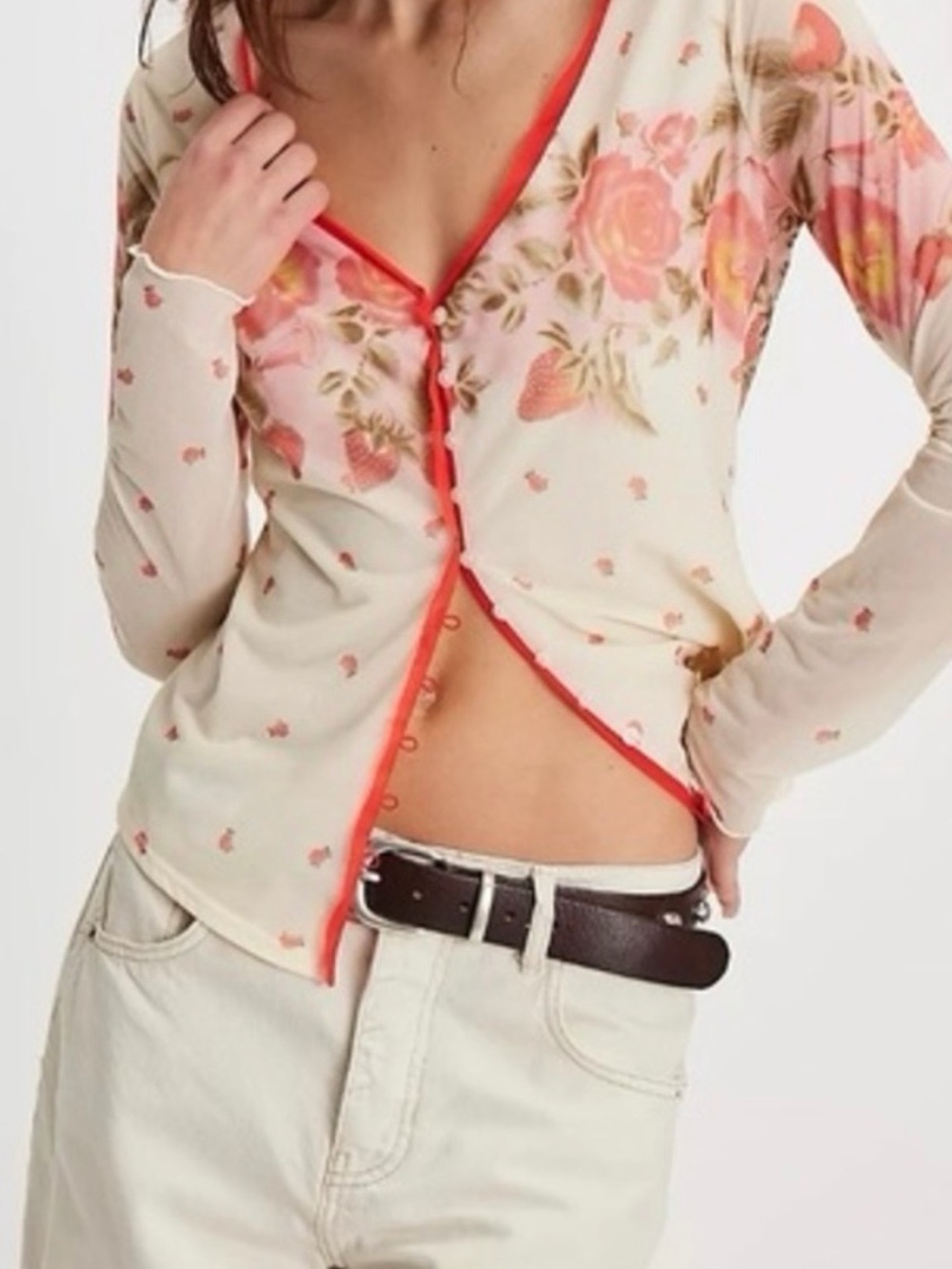 Free People Home Grown Mesh Sheer Cardigan Floral Button-Front Long Sleeve EUC